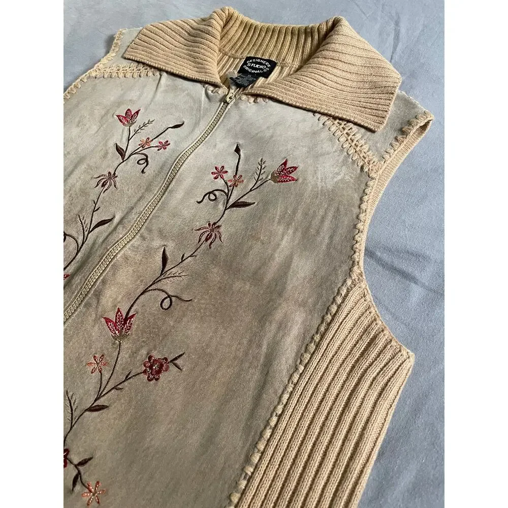 Vtg. Designer's Studio Originals Leather and Embroidered Vest SZ XL Y2K/ 90s
